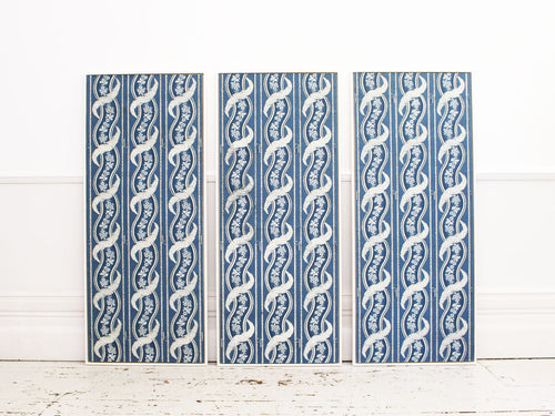A Triptych of Framed Early 19th C French Blue Patterned Wallpaper - Decorative French Antiques - Streett Marburg