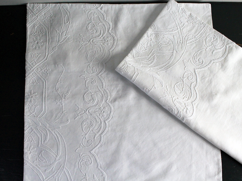 50cm Square Cushion - Antique French White on White Embroidered Cornely on Linen