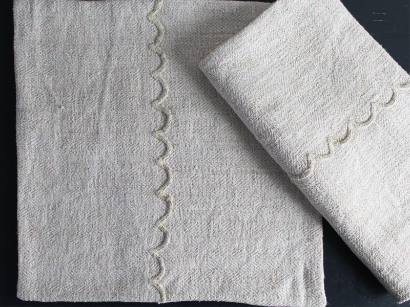 40cm Square Cushion - Antique French Rustic Linen with Scalloped Edge