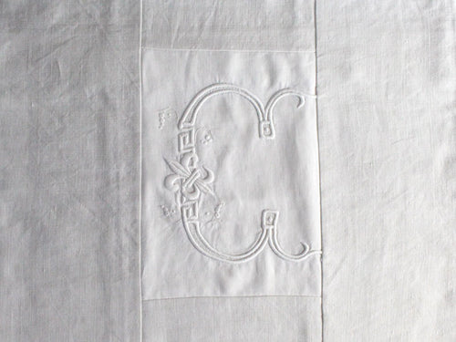 50cm Square Monogrammed Cushion - Antique French White on White Embroidered 'C' on Linen