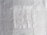50cm Square Monogrammed Cushion - Antique French White on White Embroidered 'J' on Linen