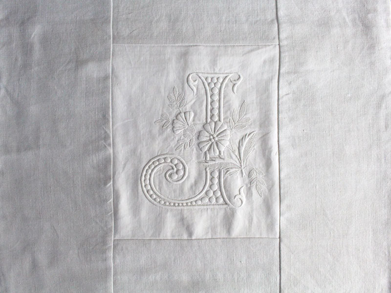 50cm Square Monogrammed Cushion - Antique French White on White Embroidered 'J' on Linen