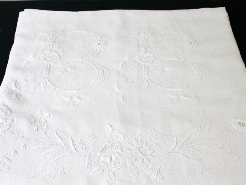 Huge Antique French Monogrammed Hand Embroidered Linen Sheet 'BB