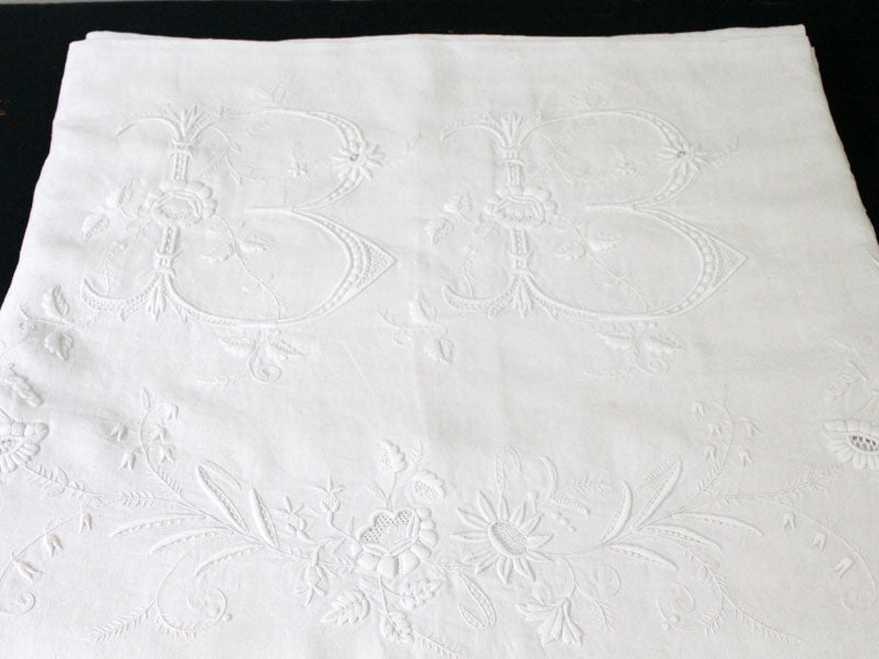 Huge Antique French Monogrammed Hand Embroidered Linen Sheet 'BB'