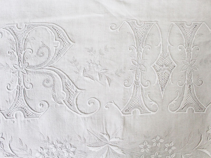 Exceptional Antique French Monogrammed Large Double Linen Sheet 'RM'