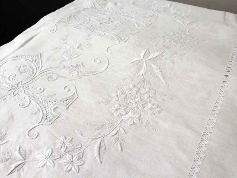 Exceptional Antique French Monogrammed Large Double Linen Sheet 'RM'