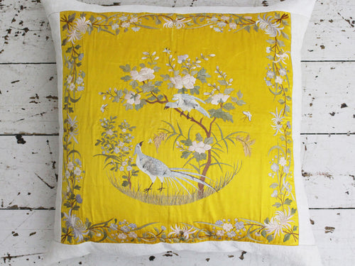 Embroidered Yellow Silk & Linen Chinoiserie Cushion - PH565