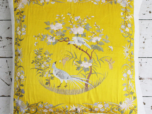 Embroidered Yellow Silk & Linen Chinoiserie Cushion - PH565