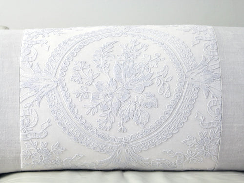 Antique French tulle embroidery panel on linen bolster by Charlotte Casadesjus