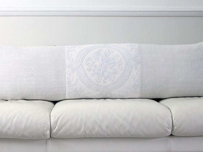 Antique French tulle embroidery panel on linen bolster by Charlotte Casadesjus