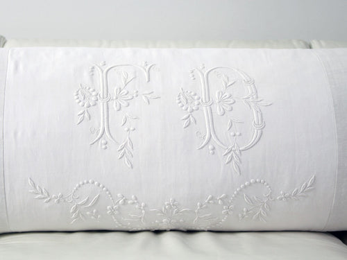 Antique monogram on linen bolster 'FD' by Charlotte Casadéjus