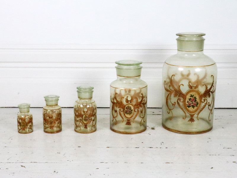 A set of Five Hand Painted Antique Apothecary Jars