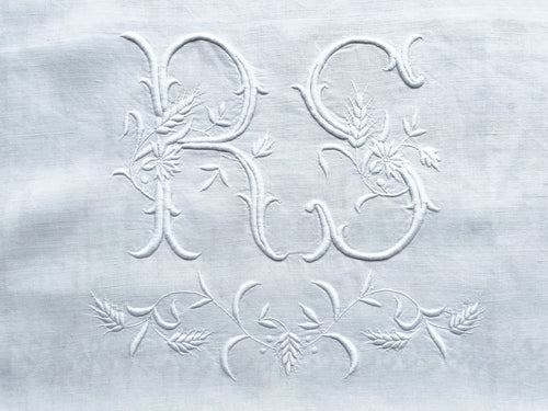 RS Antique Monogram Large Bolster Cushion - Antique French Textiles RS Monogram on Linen - Antique French Linen Cushions - Charlotte Casadejus