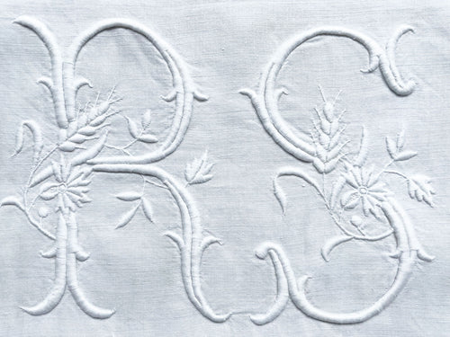 RS Antique Monogram Large Bolster Cushion - Antique French Textiles RS Monogram on Linen - Antique French Linen Cushions - Charlotte Casadejus