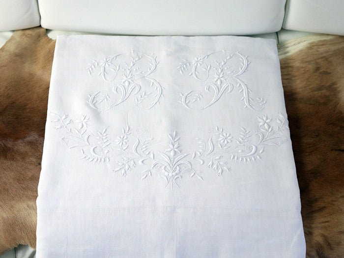 Antique French monogrammed large double linen sheet with initials 'BR'