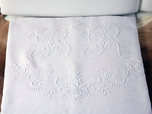 Antique French monogrammed large double linen sheet with initials 'BR'