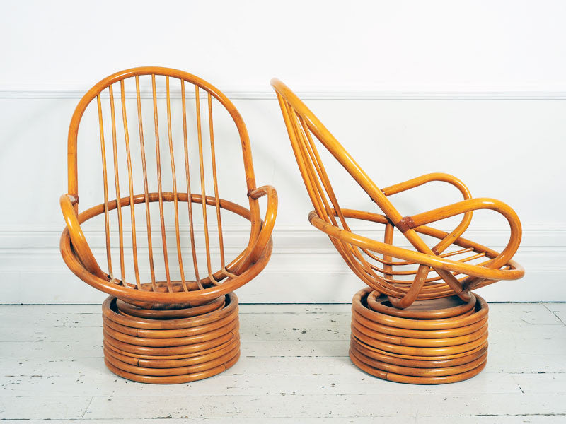 A Large Pair of 1950's French Rattan & Bamboo Swivel Armchairs