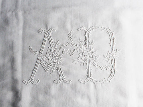 AD Large Bolster Cushion - Antique French AD Monogram on Linen PB3
