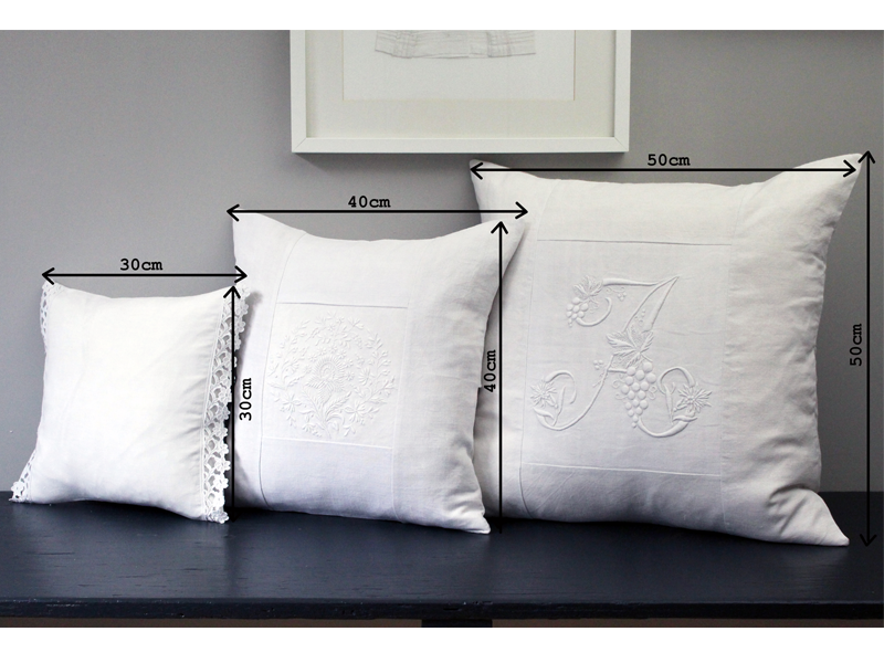 50cm Square Monogrammed Cushion - Antique French White on White Embroidered 'A' on Linen