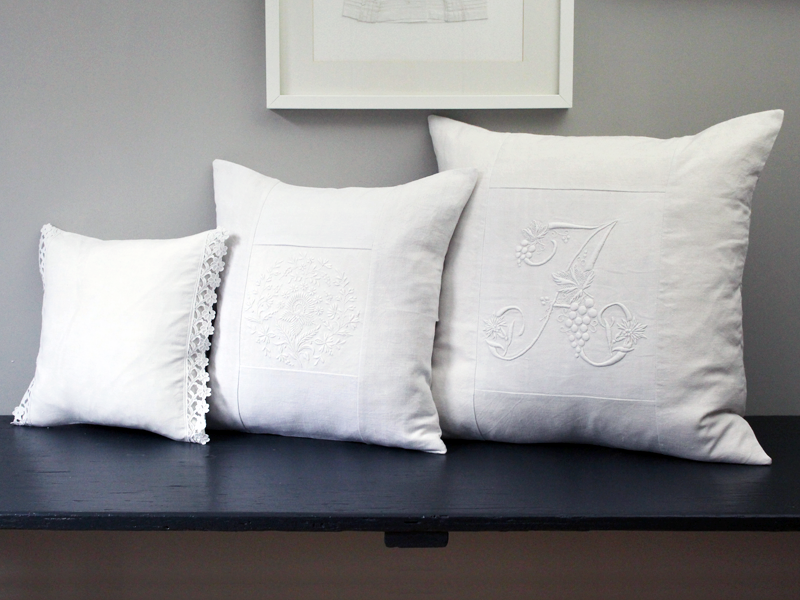 50cm Square Monogrammed Cushion - Antique French White on White Embroidered 'S' on Linen