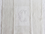 50cm Square Monogrammed Cushion - Antique French White on White Embroidered 'C' on Linen P321