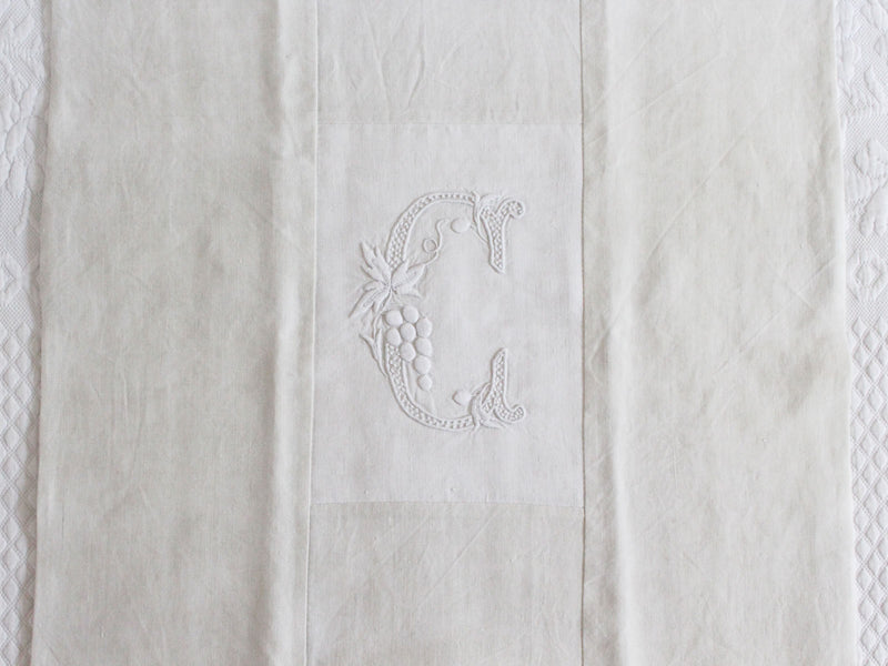 50cm Square Monogrammed Cushion - Antique French White on White Embroidered 'C' on Linen P321