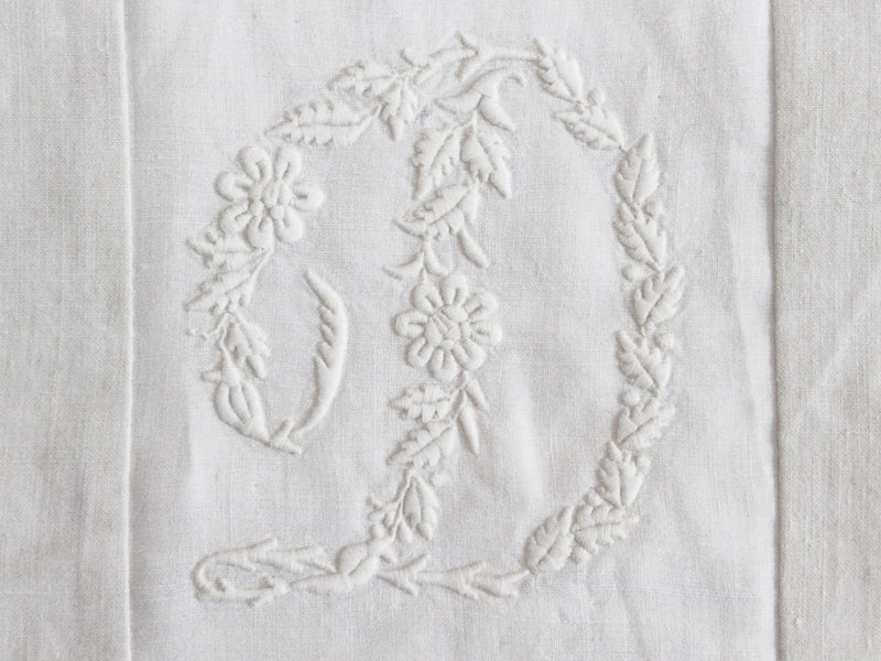 30cm Square Monogrammed Cushion - Antique French White on White Embroidered 'D' on Linen P322