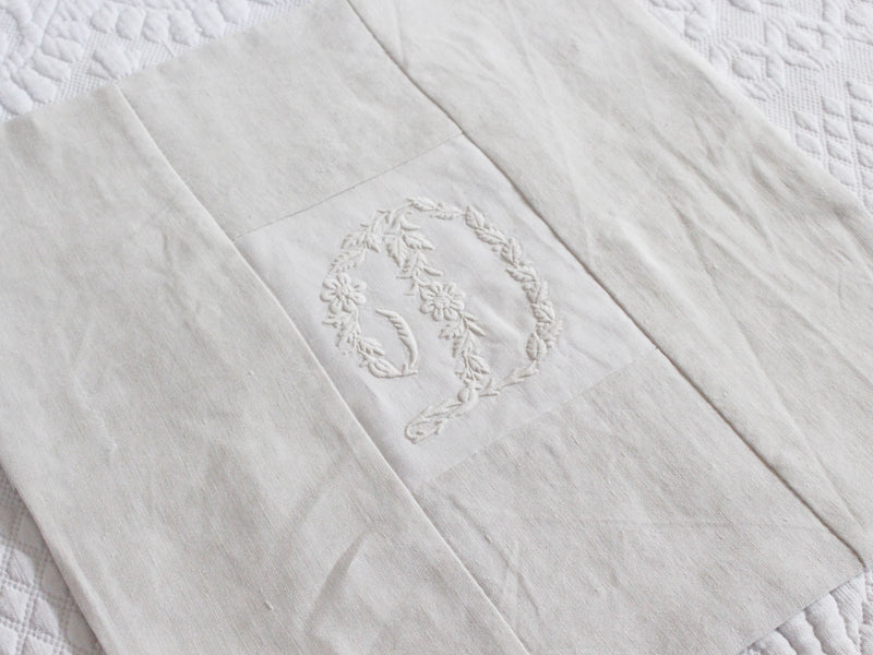 30cm Square Monogrammed Cushion - Antique French White on White Embroidered 'D' on Linen P322