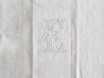 50cm Square Monogrammed Cushion - Antique French White on White Embroidered 'E' on Linen P324