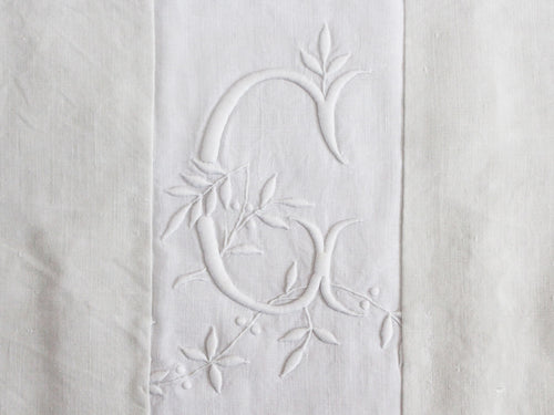40cm Square Monogrammed Cushion - Antique French White on White Embroidered 'G' on Linen P323