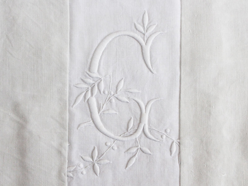40cm Square Monogrammed Cushion - Antique French White on White Embroidered 'G' on Linen P323