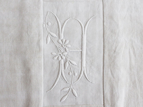 40cm Square Monogrammed Cushion - Antique French White on White Embroidered 'H' on Linen P325
