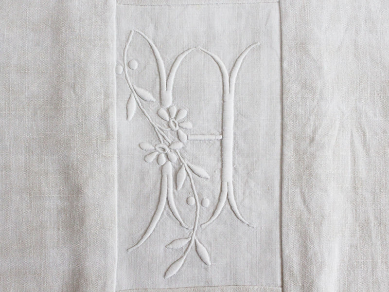 40cm Square Monogrammed Cushion - Antique French White on White Embroidered 'H' on Linen P325