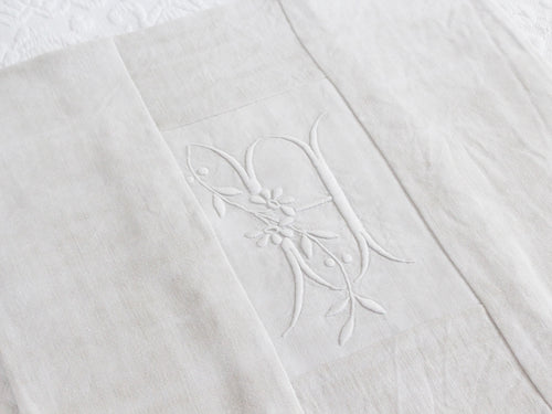 40cm Square Monogrammed Cushion - Antique French White on White Embroidered 'H' on Linen P325