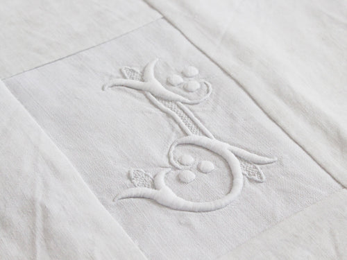 30cm Square Monogrammed Cushion - Antique French White on White Embroidered 'J' on Linen P326