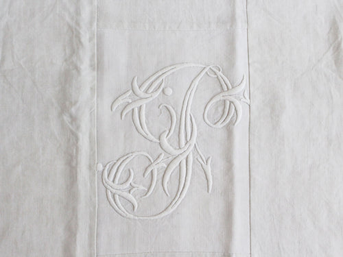 50cm Square Monogrammed Cushion - Antique French White on White Embroidered 'J' on Linen P327