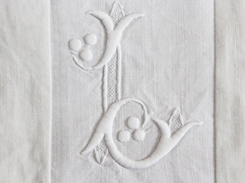 30cm Square Monogrammed Cushion - Antique French White on White Embroidered 'L' on Linen P331