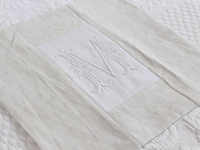 30cm Square Monogrammed Cushion - Antique French White on White Embroidered 'M' on Linen P329