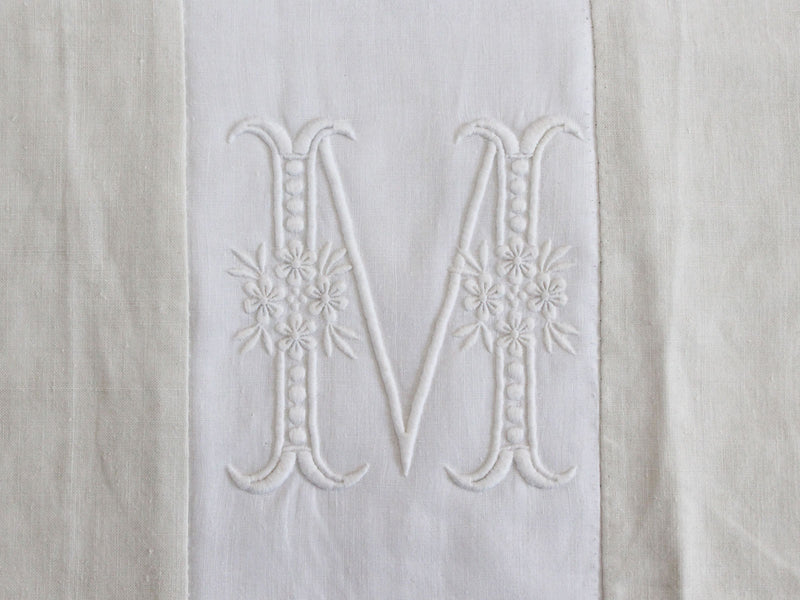 30cm Square Monogrammed Cushion - Antique French White on White Embroidered 'M' on Linen P329