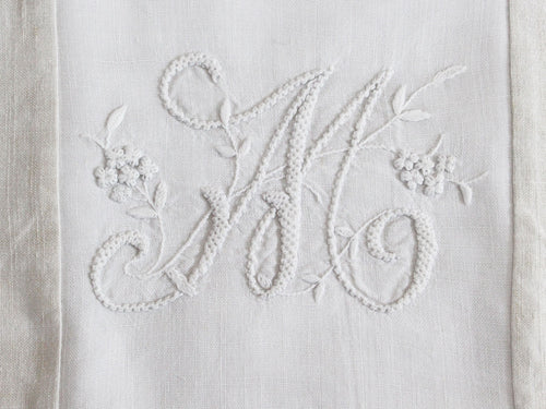 40cm Square Monogrammed Cushion - Antique French White on White Embroidered 'M' on Linen P330