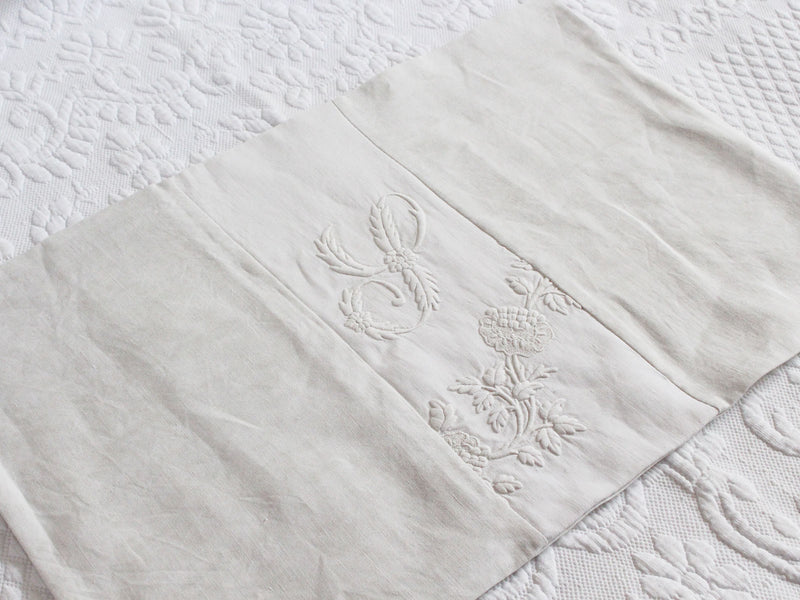 Small Bolster Monogrammed - Antique French White on White embroidered 'S' Cushion P316