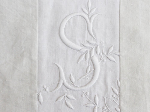 40cm Square Monogrammed Cushion - Antique French White on White Embroidered 'S' on Linen P328