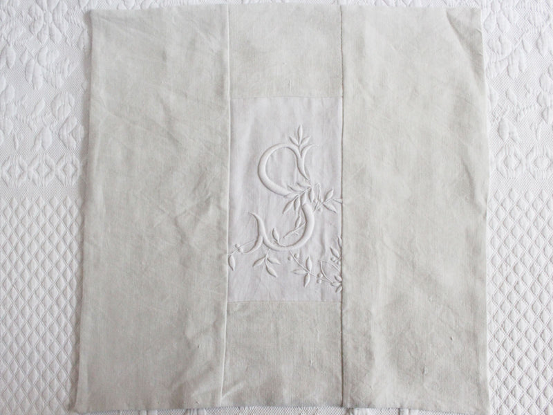 40cm Square Monogrammed Cushion - Antique French White on White Embroidered 'S' on Linen P328