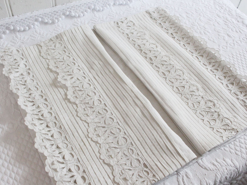 Bolsters - Antique French White on White Scalloping on Linen Bolster P312