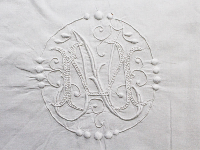 Antique Monogram NM 50cm Cushion - Art Deco French 'NM' Monogram - Antique French Textiles - Antique French Linen Cushions - Charlotte Casadejus