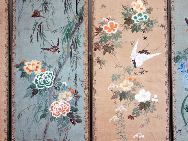 An Exceptional Four Piece Set of Hand painted & Embroidered Panels