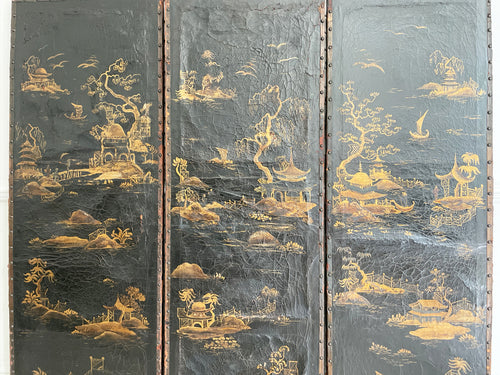 A Three Panel 18th Century Chinoiserie Leather Screen with Gilt Decoration