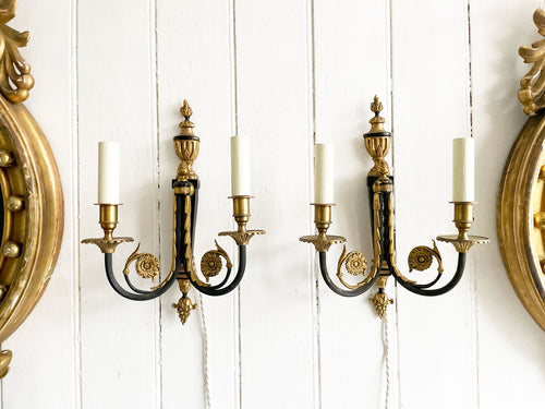 A Pair of 1950's Empire Style French Two Light Gilt Bronze Sconces