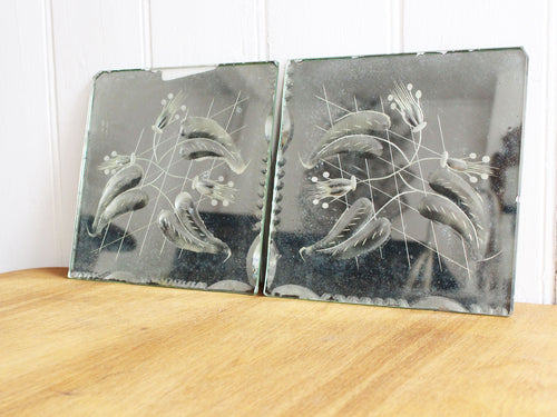 A Pair of 1950's Pretty Etched Mirrored Glass Tiles