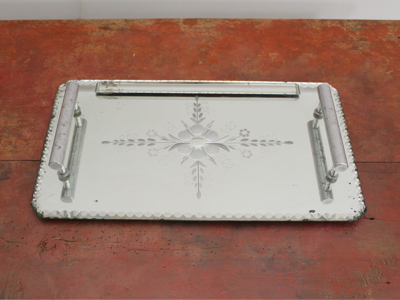 1940s Etched French Deco Mirrored Tray with Aluminium Handles
